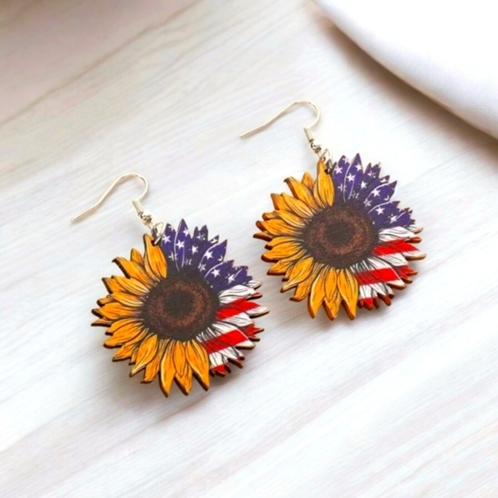 Patriotic Sunflower‎ Wooden Fashion Earrings Red White Blue Yellow Flower